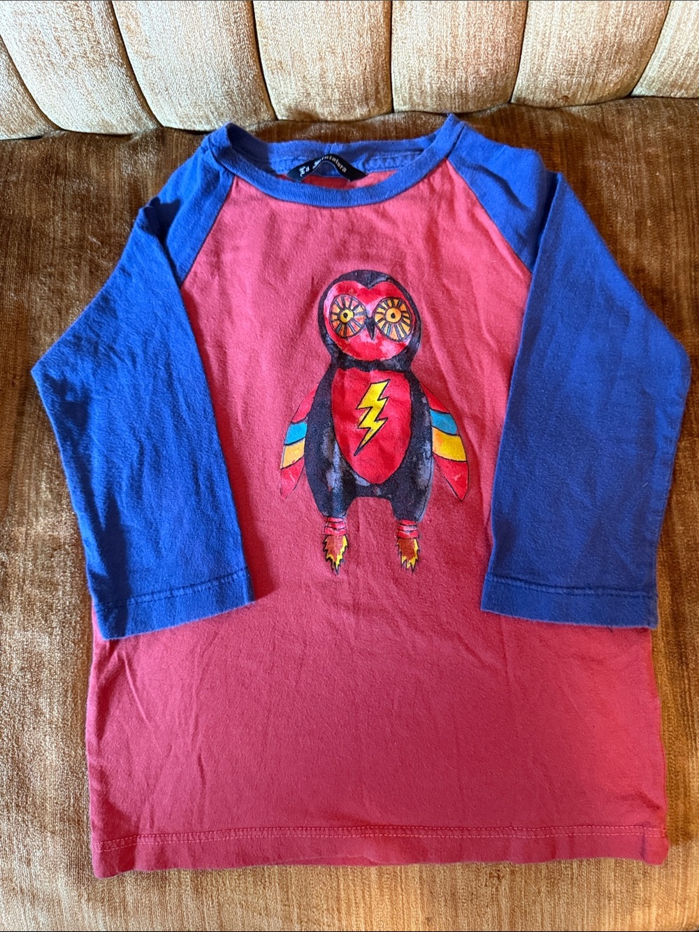 Kids' Red & Blue Long Sleeve Tee with Owl Graphic